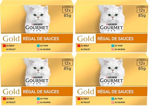 GOURMET Gold, Régal De Sauces, Boite, Chat, Bœuf, Poulet, Saumon, Thon, 12 x 85 g (Lot de 4)