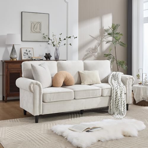 Image of Kingfun 3 Seater Couch, Mid Century Modern Sofa with Rolled Arms and Deep Seats, Fluffy Comfort for Living Room, Apartment, Easy Assembly, Beige