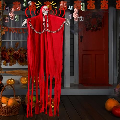 HIEMAO Halloween Decorations Outdoor Animated Hanging Ghost Skull with Flashing Eyes Creepy, Voice Activated Scary and Chain for Outside Indoor Haunted House Prop Decor Party - Red