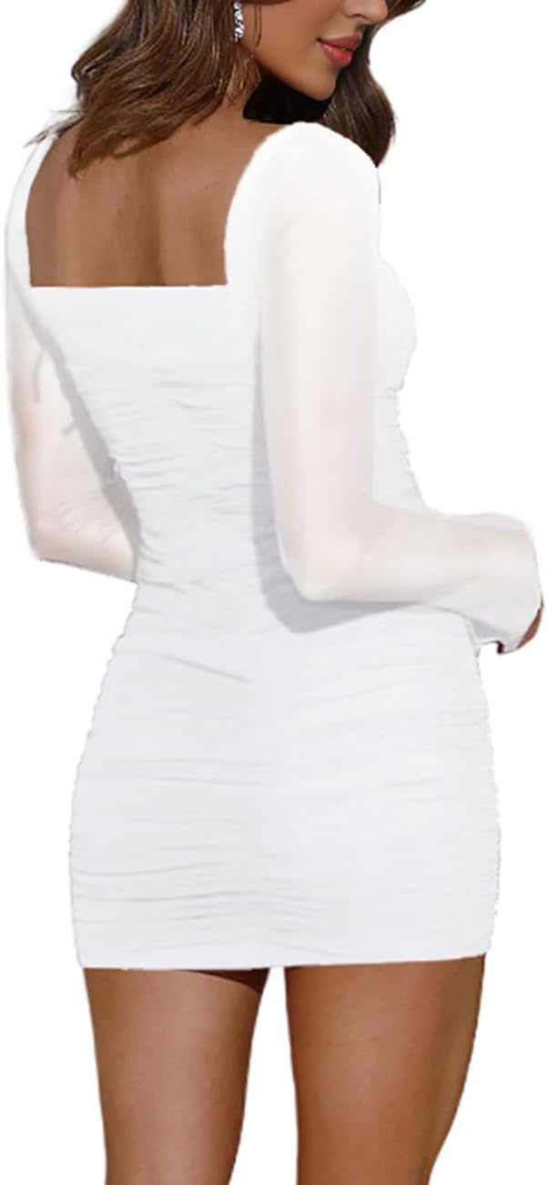 Women’s Mesh Long Sleeve Dress Square Neck Ruched Bodycon Party Cocktail Mini Dress - Image 5