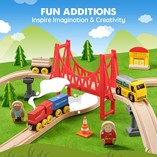 Image of Tiny Land 55PCS Wooden Train Set, Durable Wooden Railway Tracks | Compatible with Major Brand Tracks, Educational Toy for Toddlers & Kids Ages 3-7