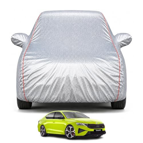 Image of Premium Car Cover for Skoda Octavia (2021-2026) Models | 100% Waterproof, UV & Dust Protection | Mirror & Antenna Pocket | Triple Stitched, Soft Inner Lining, Belt & Buckle (Metalic Silver)