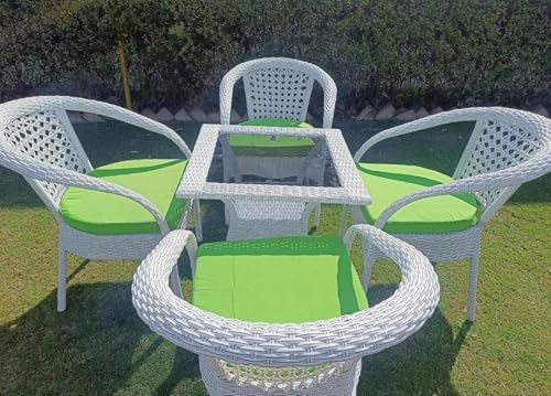 Image of PRATHAM India Patio 4+1 Furniture Set Bistro Set Porch Backyard Garden Outdoor Furniture Rattan Chairs and Table Wicker Conversation Set (White with Black Lines, Green Cushion 4+1 Square Table)