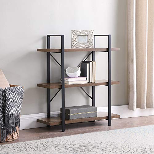 BELLEZE 3 Tier Industrial Bookshelf Open Wide Office Etagere Book Shelf Wood and Metal Bookcases Dark Walnut