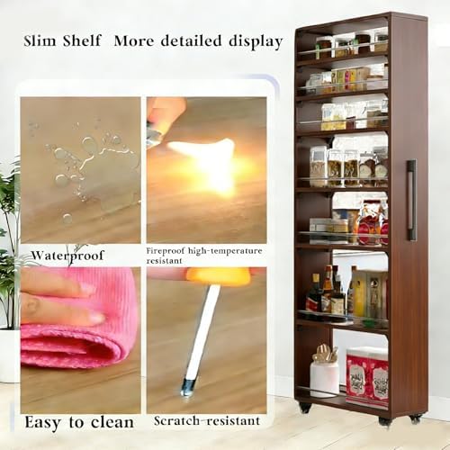 7-Tier Rolling Wooden Storage Shelf - Slim Narrow Organizer for Kitchen, Dining Room, Closet - Black Walnut Finish - W10×D22×H72 - Versatile & Space-Saving Solution