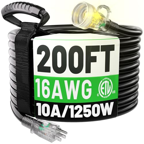 POWGRN 200FT 16 Gauge Black Outdoor Extension Cord Waterproof 3 Prong Flexible Cold Weatherproof -58 Extension Cord 10 AMP 1250W SJTW ETL Listed