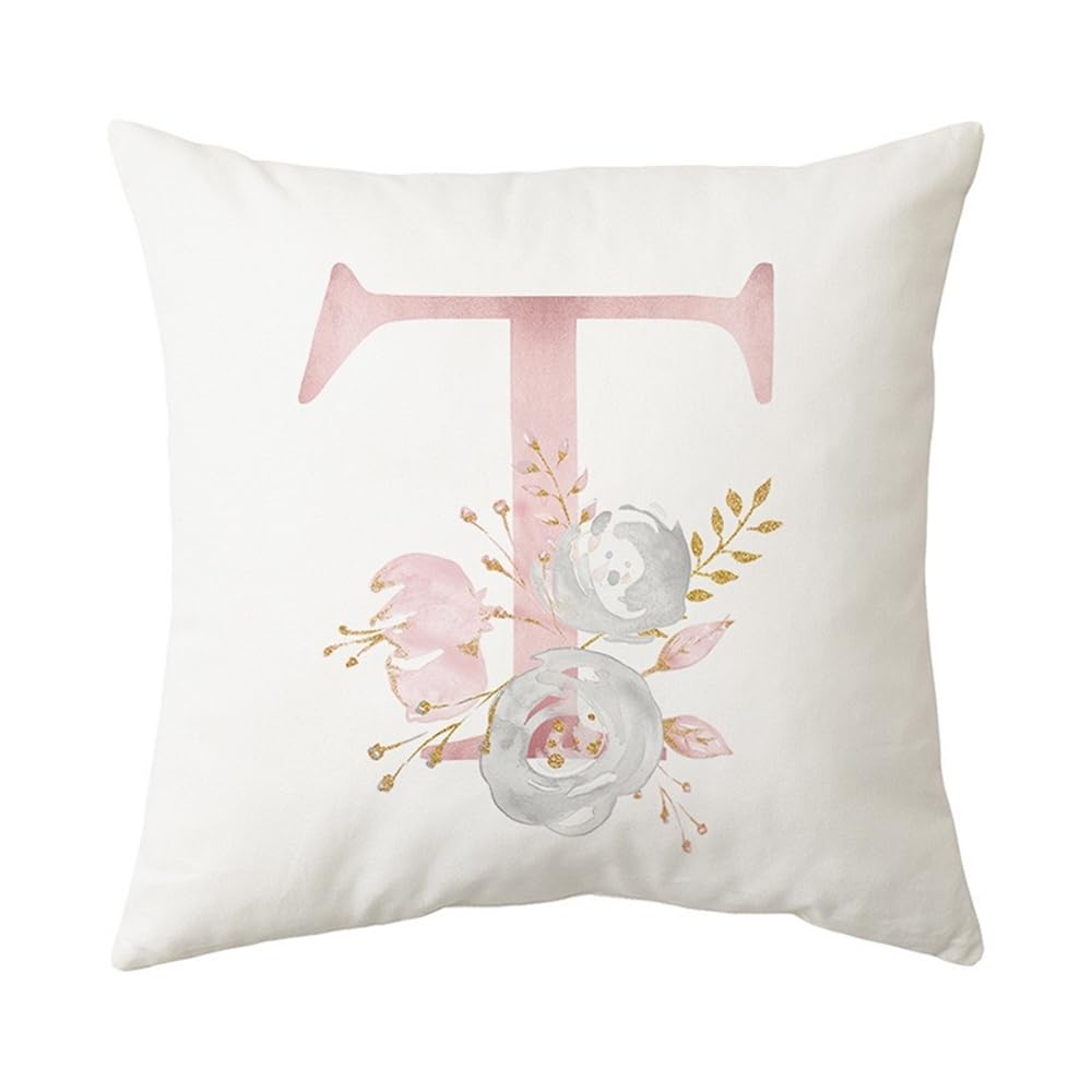 PRK 14 White Cushion Covers - Letter T Pillow Case, Cute Floral Alphabet Decorative Throw Square Protectors for Sofa, Couch, Bedroom, Chair - 45cm x 45cm — image 1