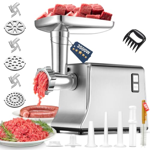 Electric Meat Grinder【3500W Super Motor】【3 Sets SUS304 Blade & Plate】Kubbe Kit, 3 Sausage Tubes, Quick Make for Meat, Kubbe, Sausage, Meat Grinders for Home Use(Gray)