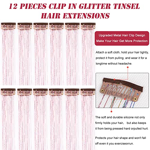 12 Pieces Clip In Hair Tinsel Heat Resistant 19.6 Inch Fairy Pink Hair Extension Tinsel Kit Glitter Hair Tensile Clip In On Sparkling Shiny Colorful Hair Accessories For Women Girls Kids (Pink) #TOP1