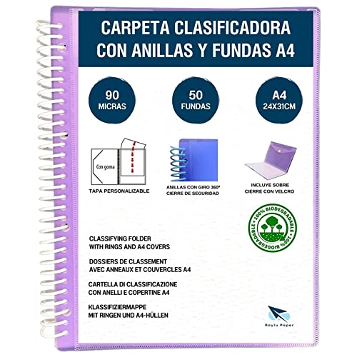 Raylu Paper® - Carpeta clasificadora con anillas fundas transparentes A4 de 90 micras y sobre con cierre de velcro, tapa personalizable. Carpeta de fundas 100 % biodegradable. (50 Fundas, Violeta) Cover