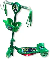 Patinete Infantil Musical, Hul Verde 3 Rodas, com Cesta e Luz, Altura Ajustável 60-70cm, Suporta 50kg Menino