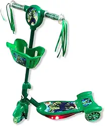 Patinete Infantil Musical, Hul Verde 3 Rodas, com Cesta e Luz, Altura Ajustável 60-70cm, Suporta 50kg Menino