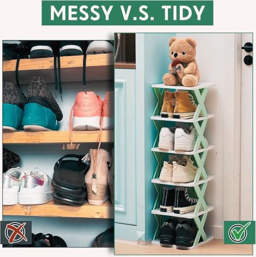 Image of QONETIC 4 Layer Plastic Shoe Rack for Home Stackable & Adjustable Shoe Organizer Shelf for Entryway, Bedroom & Corner Use Space-Saving Foldable Stand with Book & Shoe Storage Slots