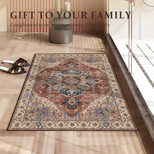 Boho Tribal Area Rug 2x3 Small Entranway Rug Bathroom Doormat Indoor Carpet Farmhouse RugFaux Wool Non-Slip Washable Low-Pile Floor Carpet for Indoor Front Entrance Kitchen Bathroom, Brickred