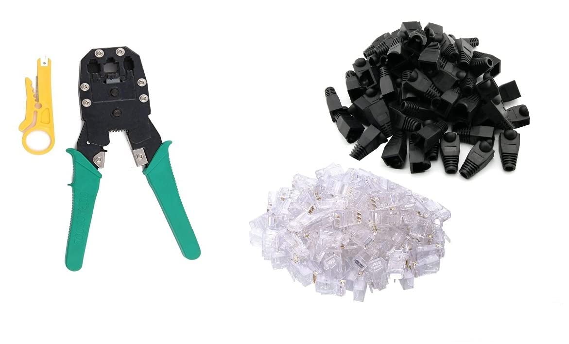 WOLFANO Network Cable and Crimping Tool, RJ45 Connector and RJ45 Boot Ethernet Network Cable (RJ45 Crimping Tool + 50 PC RJ45 Connector + 50 PC Black Boot)