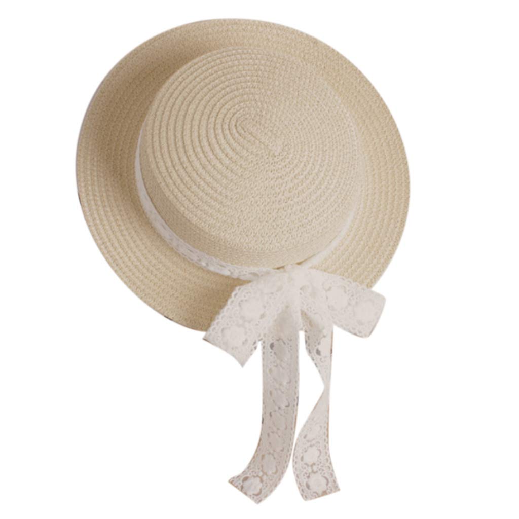 COSSIKA Sombrero de Pescador para niños pequeños, Paja Tejida para Sombrero de Sol con Lazo de Cinta de Encaje, Protector Solar Flexible para Playa
