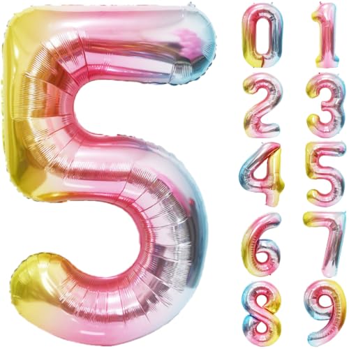 Image of Rainbow Number Balloons Birthday Balloons - Giant Number 5 Balloon 40 inch, Numbers Balloon Birthday Decorations, Rainbow Party Supplies for Baby Shower