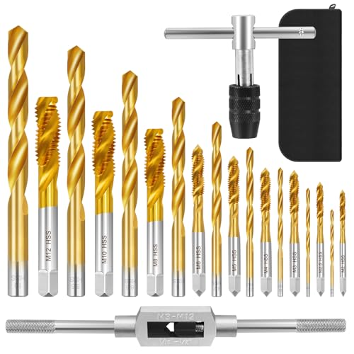 21PCS Métriques Forets et Tarauds, Jeu de Tarauds à Filetage avec 9 Tarauds M2-M12, 9 Forets Hélicoïdaux 1,5-10mm, 2 Clés à Taraud et 1 Petit Sac en...