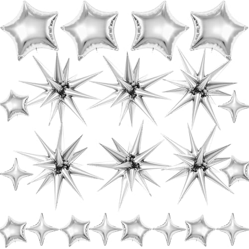 22 Pcs Silver Star Balloons 22/18/10 Inch Star Foil Mylar Balloon Spike Balloon and Four Pointed Balloons for Party Supplies Christmas Birthday Wedding Photo Booth (Silver)