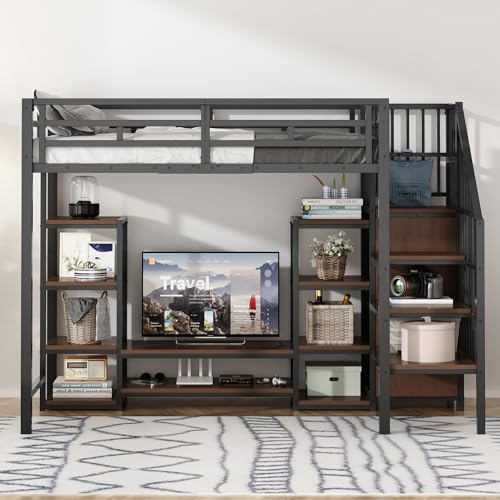 Merax Hochbett 90x200 cm mit TV-Ständer, Steckdose, platzsparendes...