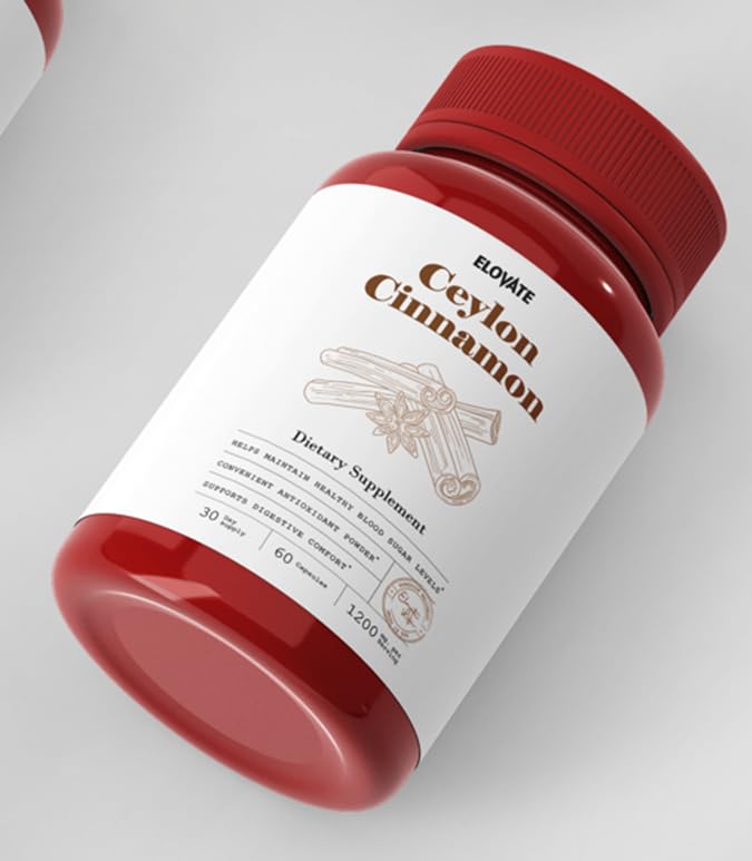Elovate Ceylon Cinnamon Capsules 1200mg - All-Natural, 3rd-Party-Tested, Non-GMO & Gluten-Free Cinnamon Supplements for Stable Sugar Levels & Digestion, 60 Counts