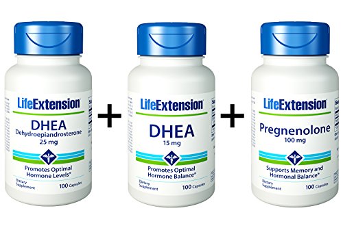 Life Extension, DHEA 15 MG 100 Capsules + Pregnenolone 100 mg, 100 Capsules + DHEA 25mg, 100 Capsules