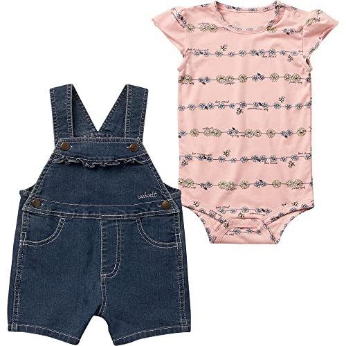 Image of Carhartt Baby Girls' Short-Sleeve Daisy Chain Print Bodysuit & Denim Shortall Set