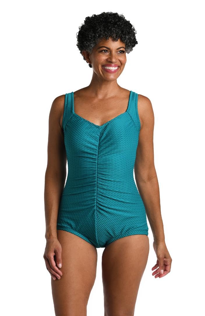 Maxine Of Hollywood Women's Shirred Front Girl Leg One Piece Swimsuit, Emerald//Spa Solid, 8