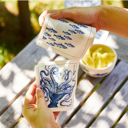 Caskata Coastal Cocktail Napkin Roll of 50 | 100% Cotton Quick Dry Reusable | Perfect for Home Dining Birthday Gifts | Blue and White 4.5W X 4.5L