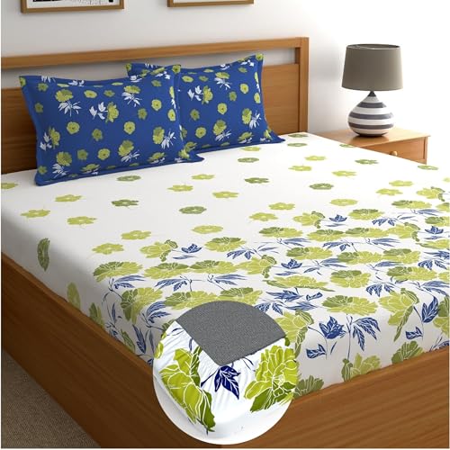 Image of Dreamscape 100% Cotton Queen Fitted Bedsheet with 2 Pillow Covers - (Size 60 x 78 inches, 140 TC, Colour - Blue)