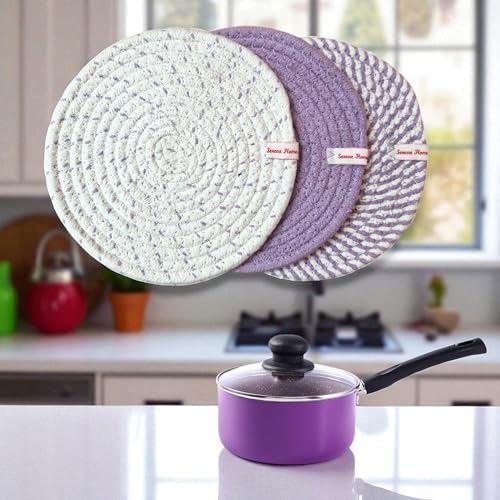 Image of SereneHomes Round Cotton Trivets for Hot Pots - Dining Table Accessories | Heat Resistant Pads & Kitchen Slab Mats | Set of 3 Fancy Kitchen Coasters (Lavender, 18 cm)