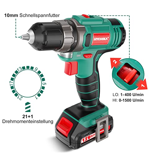 Akkuschrauber, HYCHIKA Akku Bohrschrauber 12V, 30Nm Drehmoment, 2x1.5 Ah Akkus, Schnellladung, 21+1… – Bild 3