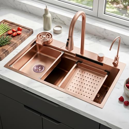 Image of Wallace 304 Grade Rose Gold Single Bowl Multifunction Kitchen Sink 30 x 18 x 10 Inch | Stainless Steel Workstation Sink with Integrated Waterfall Cup Washer Drain Basket RO Tap & Pull Down Faucet