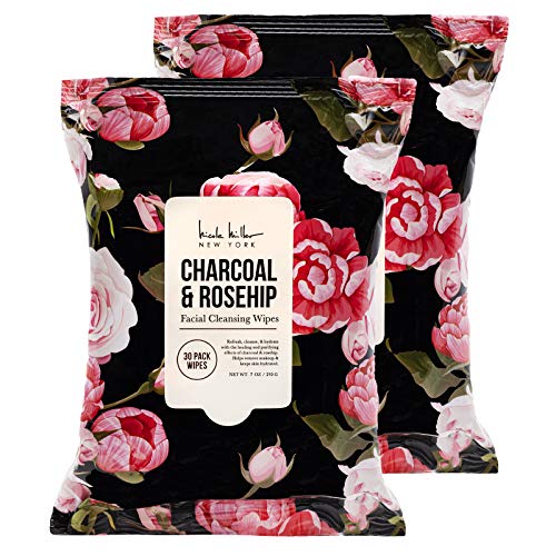 Nicole Miller 2 Pack (30 Count Each) Charcoal and Rosehip Facial Cleansing and Make Up Remover Wipes