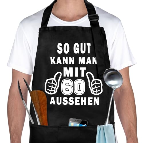Geschenke 60 Geburtstag Mann Frau, Kochschürze Herren Mit 3 Vordertaschen, Lustige Geschenk Zum 60 Geburtstag Mann, Verstellbare Grillschürze Für Männer, Wasserdicht Küchenschürze Zum 60. Geburtstag