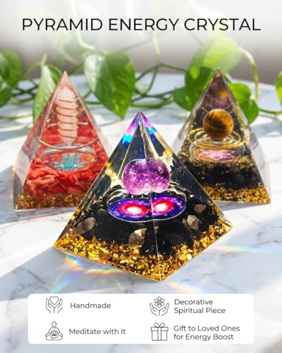 Image of Orgone Pyramid with Healing Crystals - Amethyst & Obsidian Energy Generator for Positive Vibe, Stress Relief & Chakra Reiki Meditation - Pyramid Decor - Spiritual Gift for Success, Wealth & Prosperity