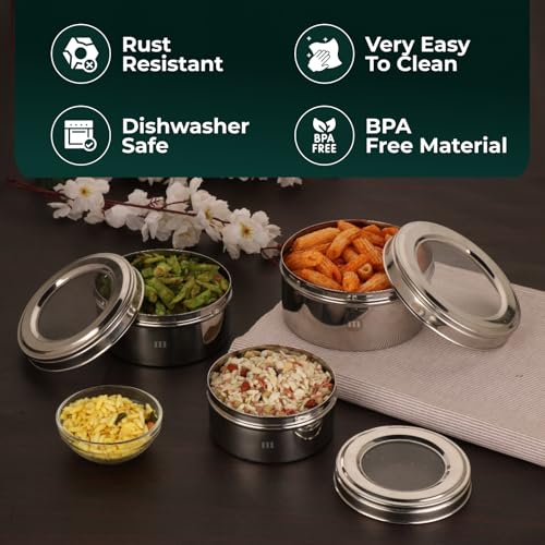 Image of MARU Stainless Steel Dabba Set for Kitchen with Transparent Lids Set of 3 (500ml, 750ml, 950ml), Stackable See-Through Containers for Everyday Use, Ideal for Storing Food, Snacks, Chapati & More