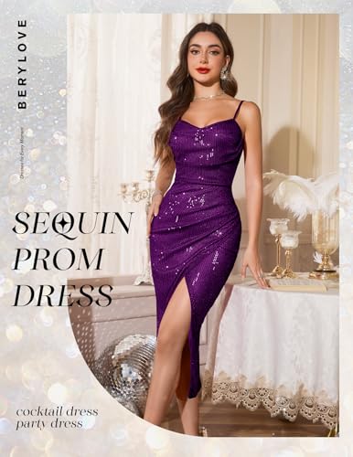 Image of BeryLove Summer Sequin Cocktail Prom Wedding Guest Dresses Sparkly Party Evening Formal Spaghetti Strap Dress