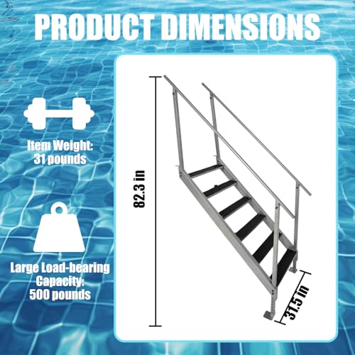 Yeeoy Dock Ladder 6 Steps, Pontoon Boat Ladder with 500lb Load, Adjustable Height Steel Dock Stairs with Handrails & Nonslip Rubber Pedals for Lake Pool Marine Boarding RV House - Thumbnail 6