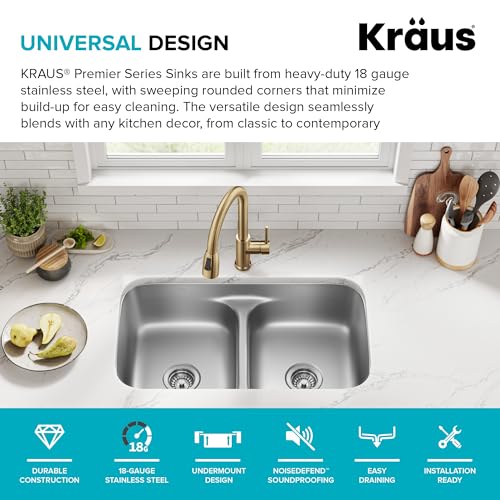 Image of KRAUS Premier 32-inch Undermount 50 /50 Double Bowl Low Divider 18-Gauge Stainless Steel Kitchen Sink with Strainers (x2), KBU32