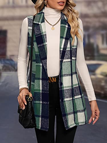 Makemechic 989918825-M Women'S Plaid Vest Coat Casual Lapel Neck Button Front Sleeveless Blazer Jacket Outerwear Green M thumb #2