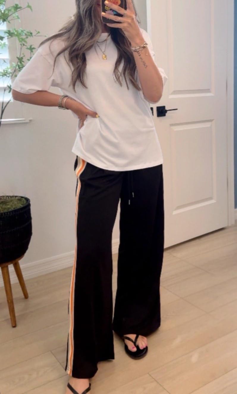 Athlisan Womens Athletic Wide Leg Trousers Side Stripes Drawstring Waist Casual Low Rise Palazzo Pants with Pockets - Image 6