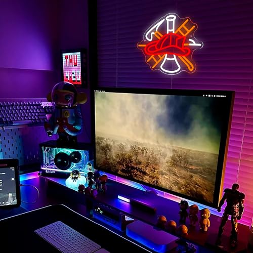 Image of Mutank Firefighter Gear Neon Sign, Fire Equipment Neon Light USB Powered LED Dimmable, for Fire Department Rescue Room Rescue Team Fire Truck Emergency Responder Department Sign(13.3 * 11.4 In)