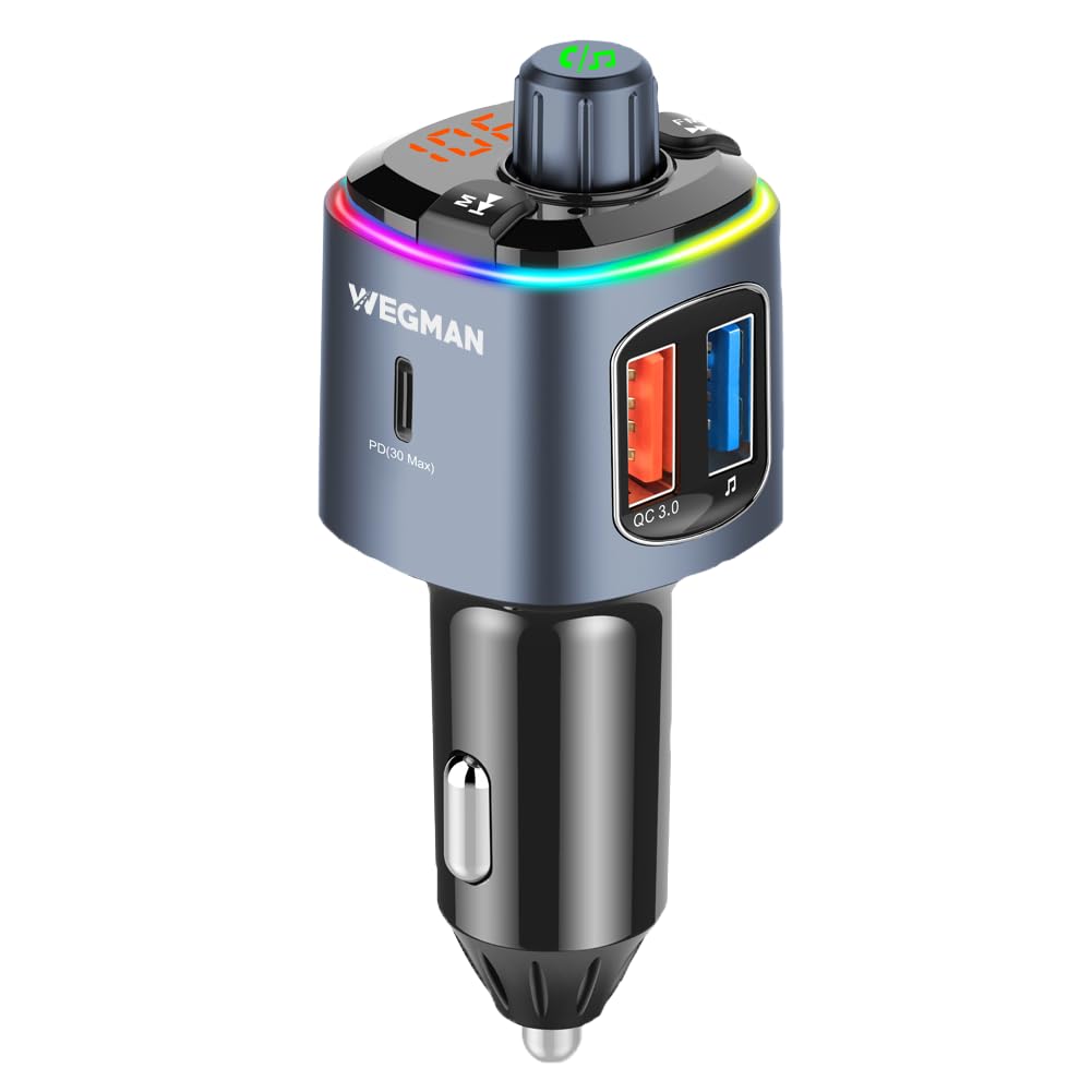 Wegman FM Transmitter Auto Bluetooth, Adapter für Autoradio, Zigarettenanzünder USB C 30W Autoladegerät, Freisprechanlage, Musik über Bluetooth & USB Stick