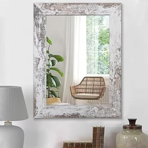 HLFMVWE Mirrors for Wall Rustic Wooden Frame Rectangular Wall Mirror Vintage Farmhouse Hanging Mirror for Bathroom Living Room Vanity Bedroom Wall Decor White Wide Trim Small 20"x16" Cover