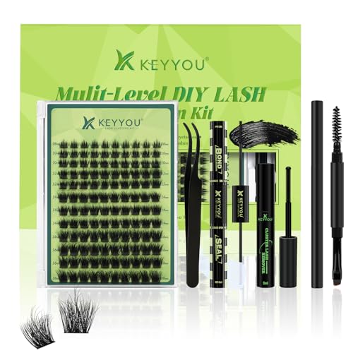 KEYYOU Lash Extension Kit 3D Effect Volume Lash Clusters Kit 120pcs D Curl Waterproof Kit DIY Eyelash Extension Kit with Bond and Seal Lash Glue Remover Lash Applicators (Kit-PuffSilk V3D05-8-18MIX)