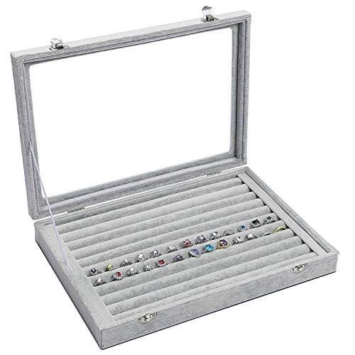 EONGOA Jewelry Tray Ring Organizer Box with Clear Lid Velvet Tray for Jewelry Storage Display Case, 10 Slots Can Hold 100 Rings Earrings Dustproof Necklace Jewelry Box Organizer & Tray (Grey)