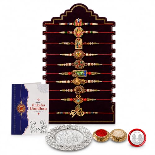 Image of Oblivion Designer Handcrafted Multicolor Rakhi Combo for Brother Bhaiya Bhai with Thali, Roli Tikka, Silver Color Pooja Coin & Greeting Card | Raksha Bandhan Festival Gift Set | Pack of 14