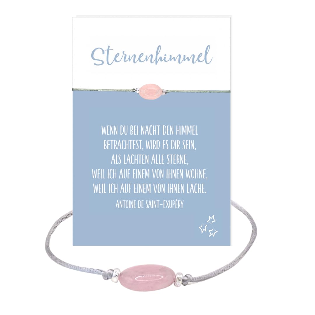Glücksschmiedin – Edelsteinarmband mit Rosenquarz & grauem Band – Erinnerungsgeschenk für den Sternenhimmel – Handgefertigt in Deutschland