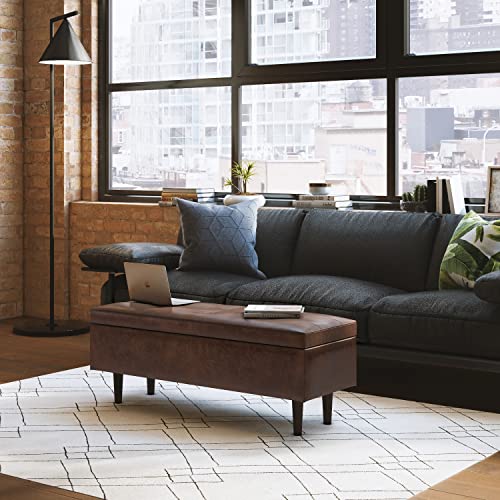 SIMPLIHOME Shay 48 inch Wide Mid Century Modern Rectangular Storage Ottoman in Distressed Chestnut Brown Vegan Faux Leather, Assembled, For the Living Room, Entryway and Family Room